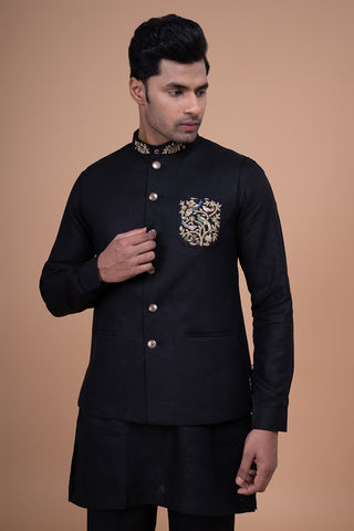 Black Raw Silk Nehru Jacket