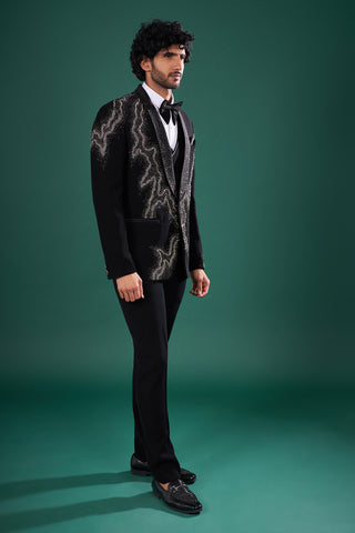 Black Rayon Tuxedo Set with Crystal Embroidery