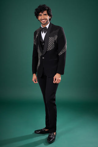 Black Rayon Tuxedo Set with Linear Stone and Bead Work