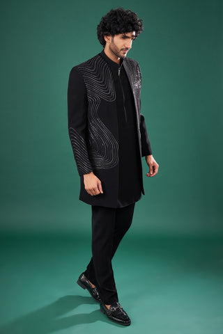 Black Satin Embellished Indo-Western Set