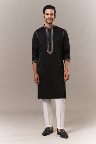 Black Satin Mens Kurta Set with Thread Work
