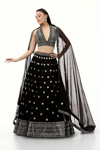 Black Satin Lehenga with Mirror and Tassel Work
