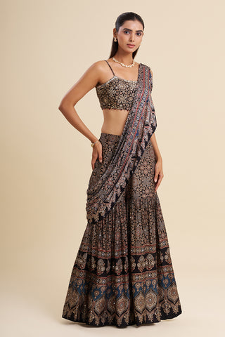 Black Satin Modal Fusion Set with Ajrakh Work