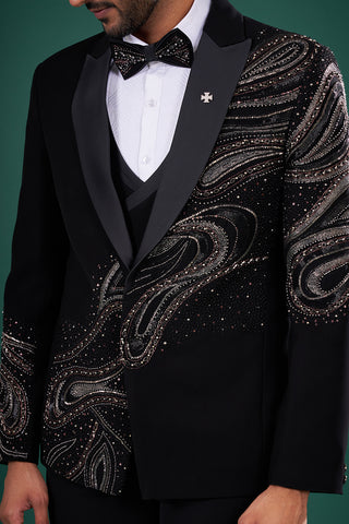 Black Satin Tuxedo Set with Bead Embroidery