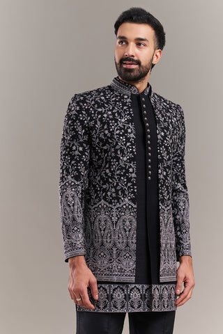 Black Silk Blend Floral Men's Indo-Western Set
