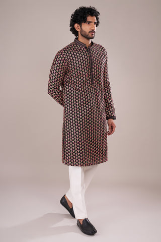 Black Silk Blend Men's Kurta Set with Floral Work