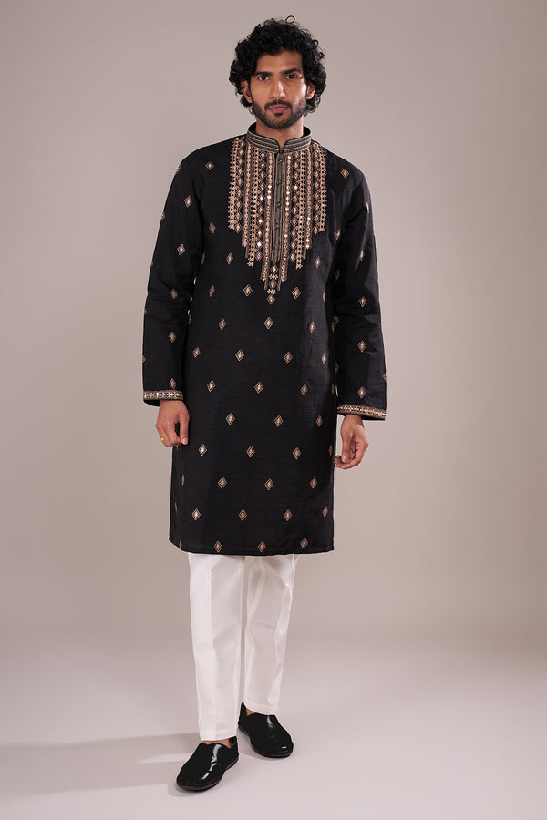 Black Silk Blend Men's Kurta Set with Gold Mirror Work