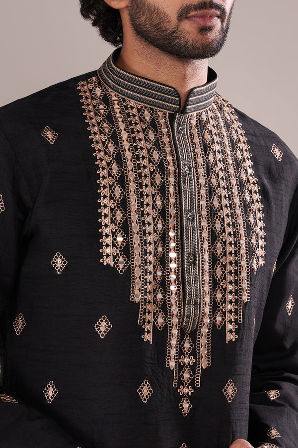 Black Silk Blend Men's Kurta Set with Gold Mirror Work