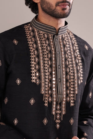 Black Silk Blend Men's Kurta Set with Gold Mirror Work