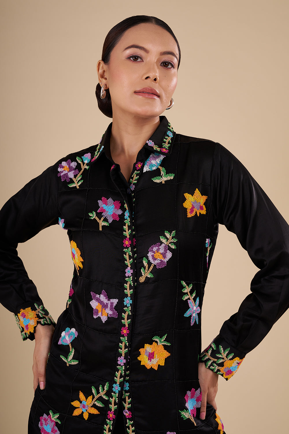 Black Silk Co-ord Set with Multicolor Threadwork