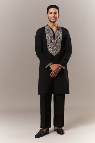 Black Silk Mens Kurta Set with Aari Embroidery
