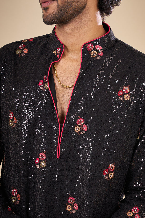 Black Silk Kurta Set with Sequin Work