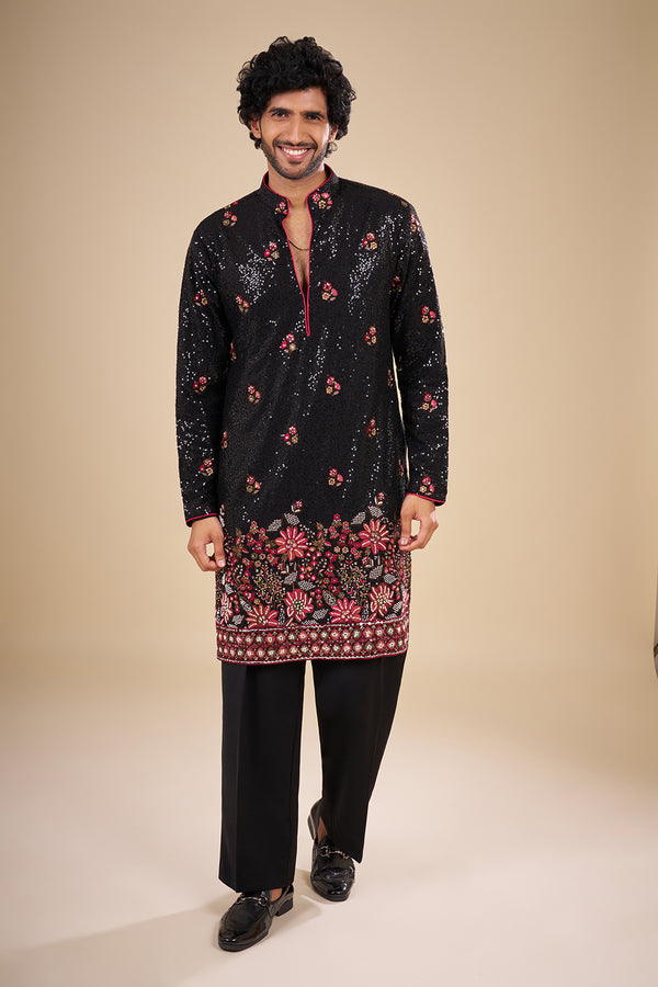 Black Silk Kurta Set with Sequin Work