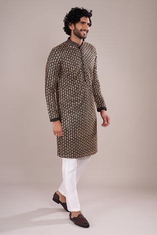 Black Silk Men's Kurta Set with Sequin Work