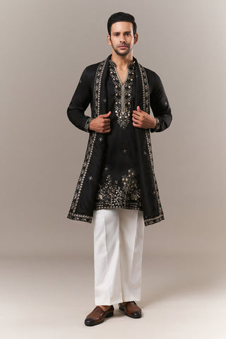 Black Tissue Mens Kurta Set with Zardosi and Sequins Work