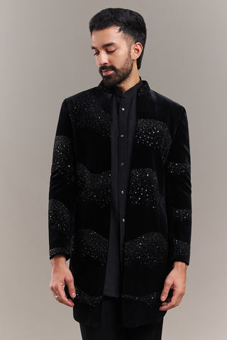 Black Velvet Abstract Wave Men's Indo-Western Set