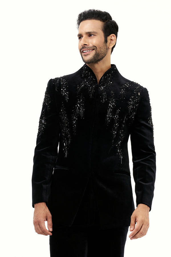 Black Velvet Jodhpuri Set Mens Jodhpuri with Zardosi Work