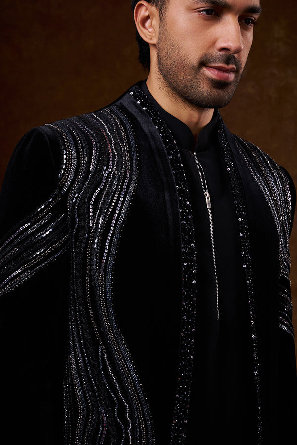 Black Velvet Men's Indo-Western Set with Sequin Work