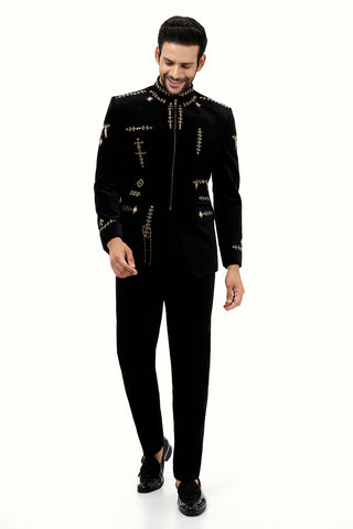 Black Velvet Mens Jodhpuri Set with Cutdana Work