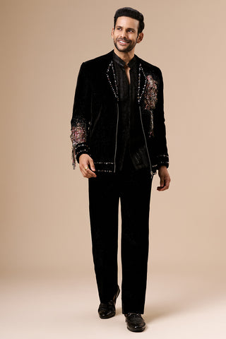 Black Velvet Shimmer Mens Indo Western with 3D Flowers and Beads