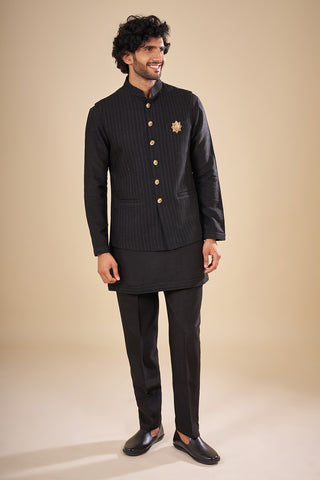 Black Pinstripe Satin Nehru Jacket Set with Lion Crest Brooch