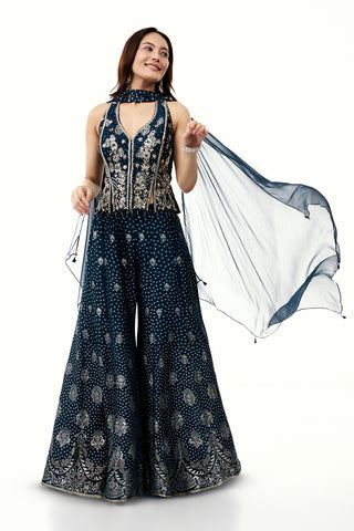 Blue Brocade Silk Palazzo Set with Mirror Work