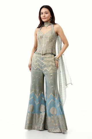 Blue Brocade Silk Palazzo Set with Zardosi Work