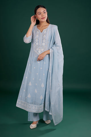 Blue Cotton Kurta Set with Floral Embroidery