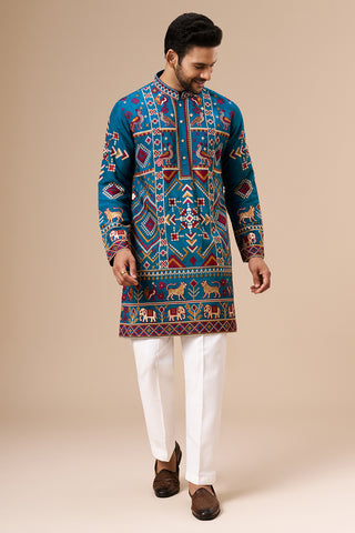 Blue Cotton Silk Mens Kurta Set with Multicolour Thread Work