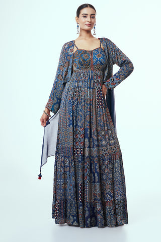 Blue Modal Indo-Western Dress with Cutdana Work