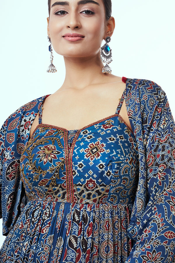 Blue Modal Indo-Western Dress with Cutdana Work