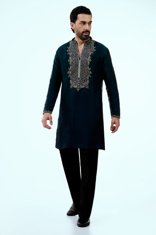 Blue Ombre Tissue Organza Mens Kurta Set with Metal and Zari Work