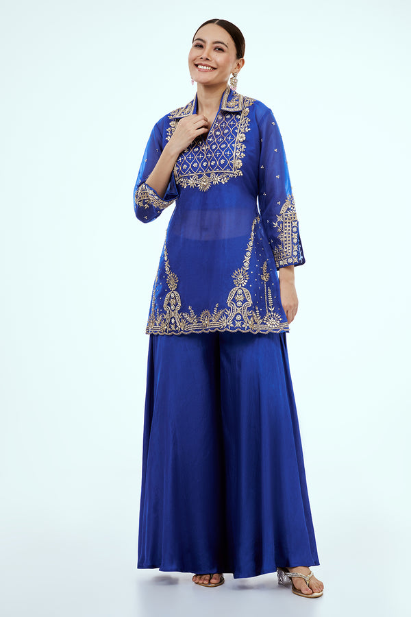 Blue Uppada Silk Palazzo Set with Zardosi Work