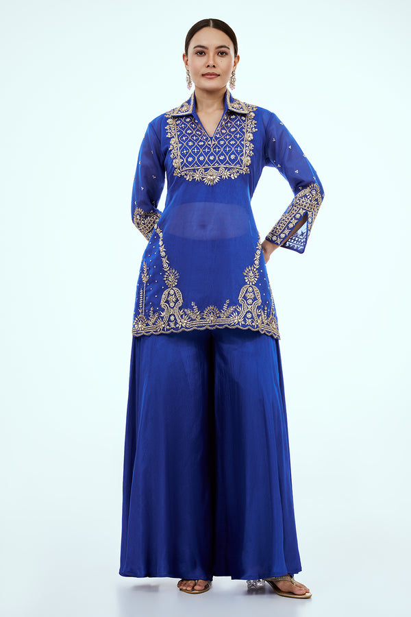 Blue Uppada Silk Palazzo Set with Zardosi Work