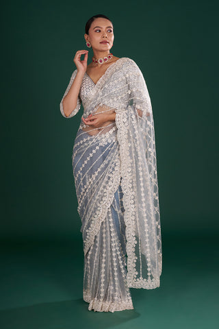 Bluish Grey Net Saree with Floral Vine Embroidery and Stitched Blouse