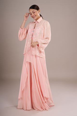Blush Pink Chiffon Jacket Sharara Set with Sequin Embroidery