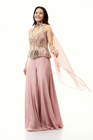 Blush Pink Crepe Palazzo Set with Zari and Mirror Work