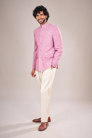 Blush Pink Jacquard Embroidered Bandhgala Set