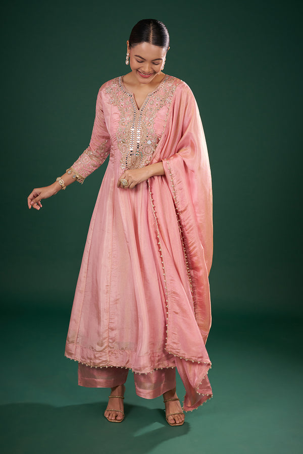 Blush Pink Kurta Set with Mirror Embroidery