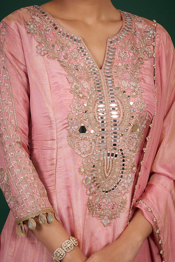 Blush Pink Kurta Set with Mirror Embroidery