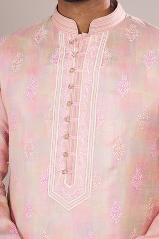 Blush Pink Men's Embroidered Silk Blend Kurta Set