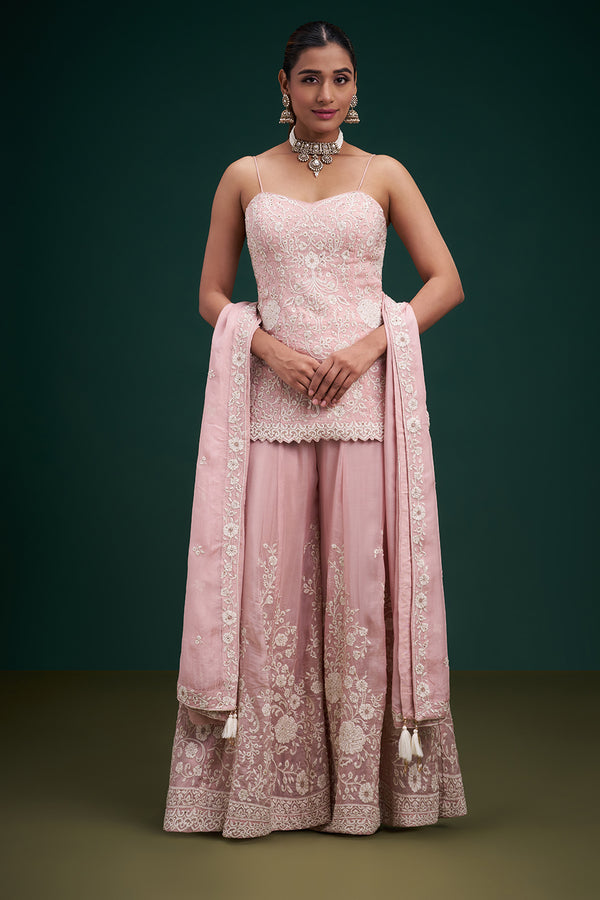 Blush Pink Organza Indo-Western Suit with Resham and Stone Work