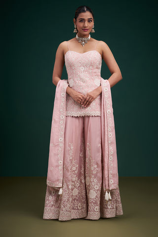 Blush Pink Organza Indo-Western Suit with Resham and Stone Work