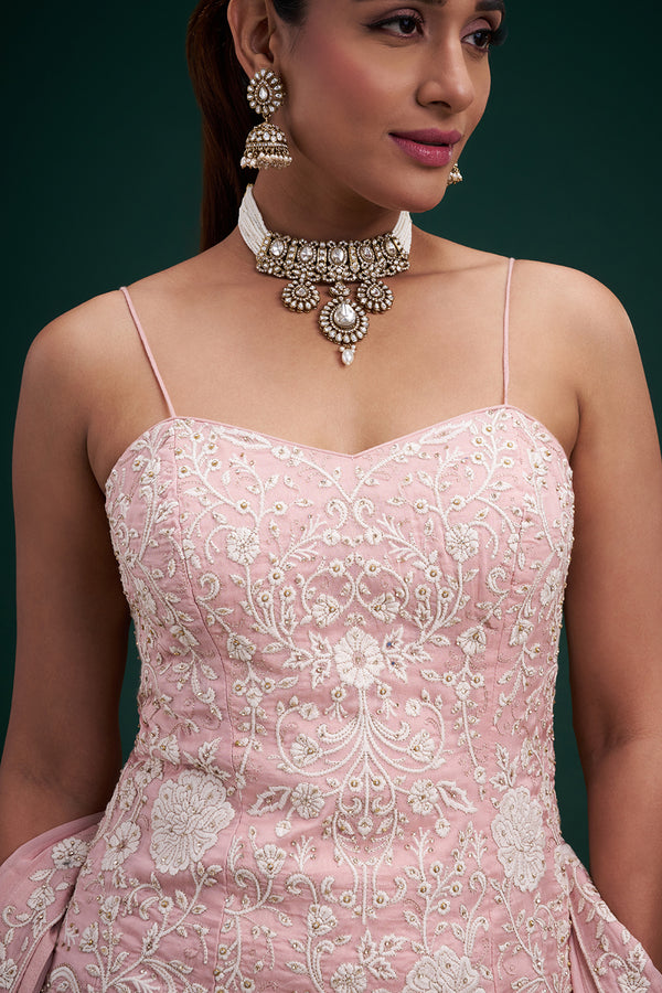 Blush Pink Organza Indo-Western Suit with Resham and Stone Work