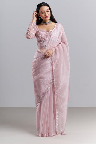 Blush Pink Organza Saree with Embellished Stitched Blouse