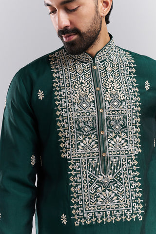 Bottle Green Cotton Silk Embroidered Men’s Kurta Set