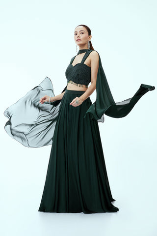 Bottle Green Crepe Lehenga with Moti Work