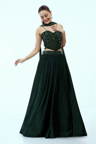 Bottle Green Crepe Lehenga with Sequinned Corset Blouse