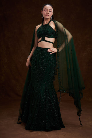 Bottle Green Net Bridal Lehenga with Cutdana and Bead Work