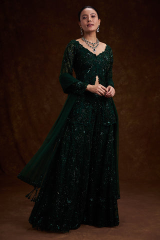 Bottle Green Net Indo-Western Set with Cutdana and Bead Work